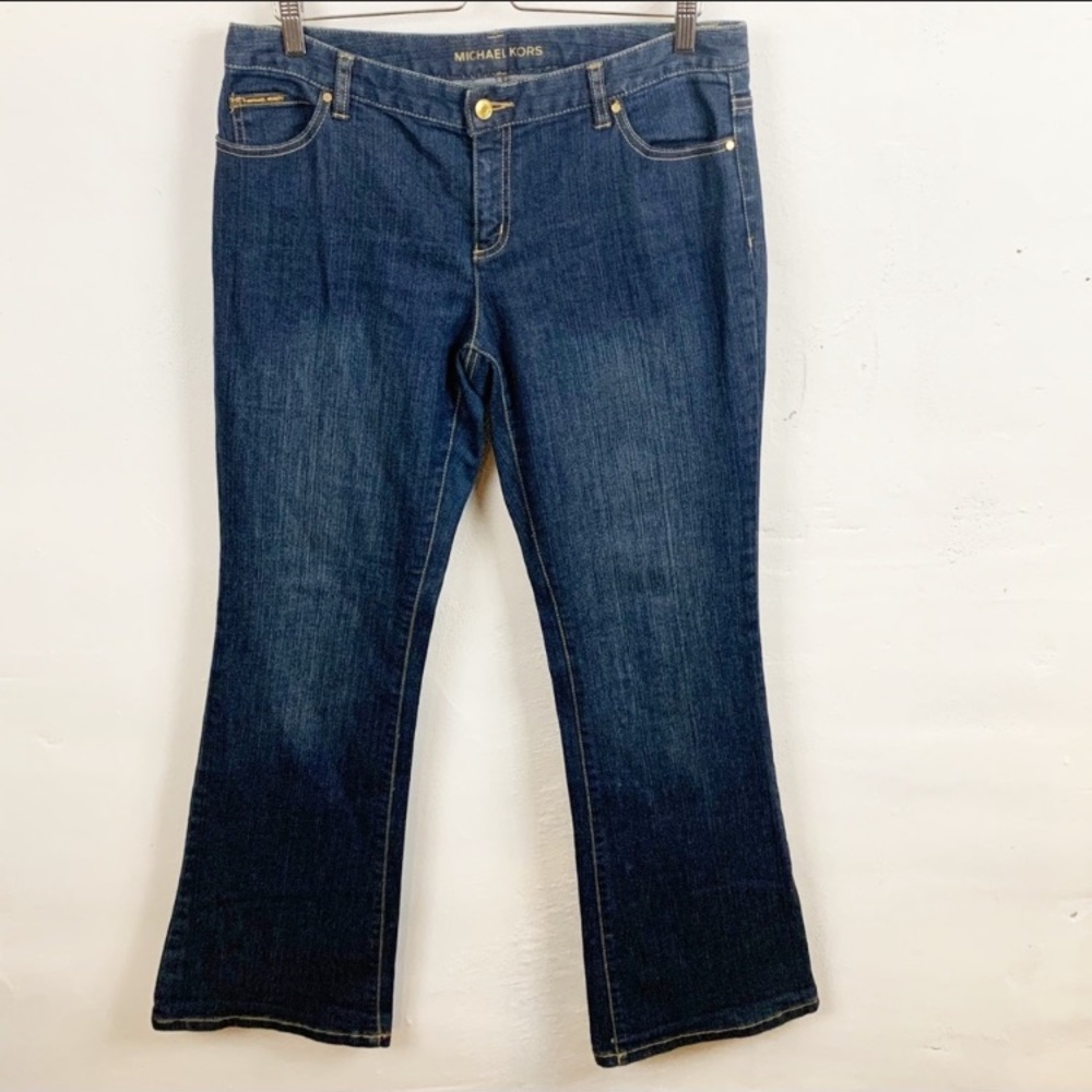 Michael Kors Size 10 Blue Dark Wash Studded Flare Leg‎ Flap Pocket Jeans